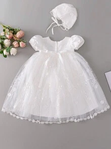 Baby Girl Short Puff Sleeve Long Baptism Dress, White Wedding Party Flower Girl Dress