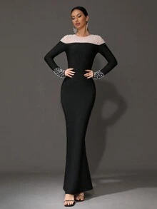 Modphy New Black Long Sleeve Mesh Pearl Inset Sexy Mermaid Maxi Bandage Dress, Formal Evening Gown For Party/Banquet, Wedding Guest Dress - Black - View 3