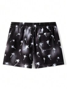 Surfspeed Shorts de playa holgados para hombres con diseño estampado de palmeras y cintura elástica con cordón para vacaciones - Negro - Ver 2
