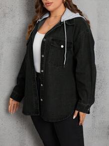 EMERY ROSE Plus Size Spring And Autumn Casual Drawstring Hooded Denim Jacket With Color Block Design - Black - View 3