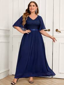 MIUSOL Plus Lace Bodice Butterfly Sleeve Chiffon Formal Party Dress Elegant Prom Evening Wedding Guest Gown, For Graduation, Dinner - Navy Blue - View 4