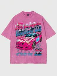 Street Life T-shirt de course à manches courtes vintage pour hommes, imprimé avec voiture de course, lavé et délavé. Style de haute rue, pour l'été, l'école
