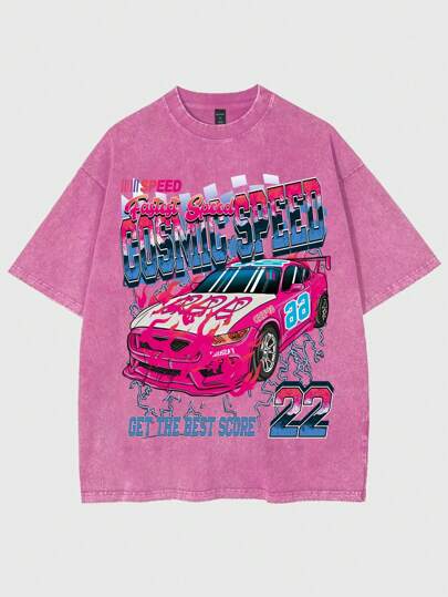 Street Life Camiseta de manga corta vintage para hombres con estampado de coche de carreras lavada y desgastada, estilo alta moda, para verano, escuela