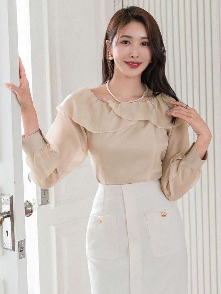 Women Spring/Summer Elegant Off Shoulder Long Sleeve Shirt With Ruffle Trim,Fall Women Clothes