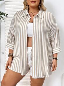 SHEIN CURVE+ Áo sơ mi nữ sọc dài tay cỡ lớn, áo mùa hè dễ thương, quần áo nữ mùa hè, áo sơ mi sọc mơ, áo sơ mi thường ngày tươi mới, cài cúc, áo sơ mi che phủ, nhẹ và thoáng khí làm từ chất liệu xanh, thích hợp cho kỳ nghỉ đi chơi, thường ngày - Nhiều màu - Xem 4