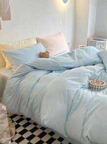 3pcs Lightweight Blue Solid Color Bedding Set, Including Duvet Cover & Pillowcase, Suitable For Boys, Girls, School Students And Dorm Room, Soft Winter