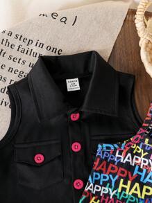 SHEIN Baby Girl Single-Breasted Vest And Letter Printed Strap Romper Set - Multicolor - View 5
