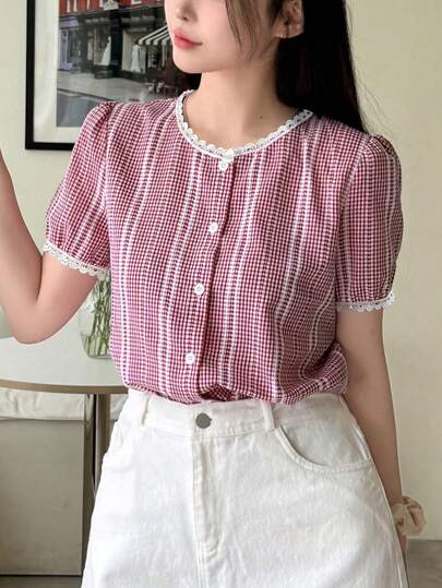 DAZY 女士夏季休闲格子泡泡袖衬衫、短袖上衣