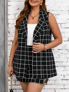 SHEIN Clasi Conjunto de chaleco sin mangas y falda a cuadros en blanco y negro de talla grande - Blanco y Negro - Ver 6
