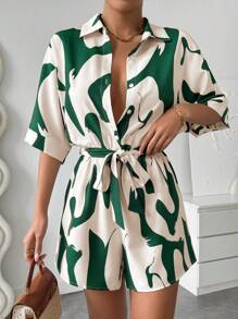 SHEIN LUNE Women's Summer Casual Random Printed Batwing Sleeve Jumpsuit - Multicolor - View 3