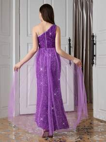 SHEIN Vestido de fiesta de escote asimétrico con aplicaciones de cuentas y malla para chicas adolescentes, adecuado para bodas, fiestas y cumpleaños