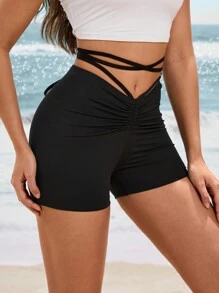 SHEIN Cheerettes Women's Solid Color Hollow Out Waist Pleated Daily Fitness Sport Shorts Spandex Short - Black - View 5