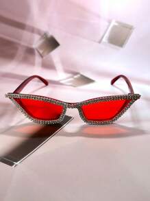 015068863-0007-17077 1 pieza Gafas de ojo de gato con marco rosa, decoración de cristales y strass, de lujo para fiestas y festivales. Lindo y de moda, adecuado para fiestas con temática. (Incluye paño de limpieza) Gafas de novia blancas/Accesorio de boda, San Valentín, para verano, playa, al aire libre, viajes