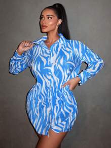 SHEIN SXY Ensemble de chemise à manches longues à fleurs abstraites plissées larges et de short à motifs pour femmes en style de vacances