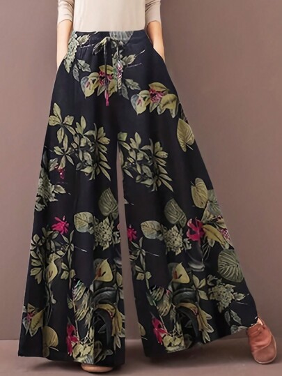 Plus Size Casual Vacation Floral Print Wide Leg Palazzo Pants
