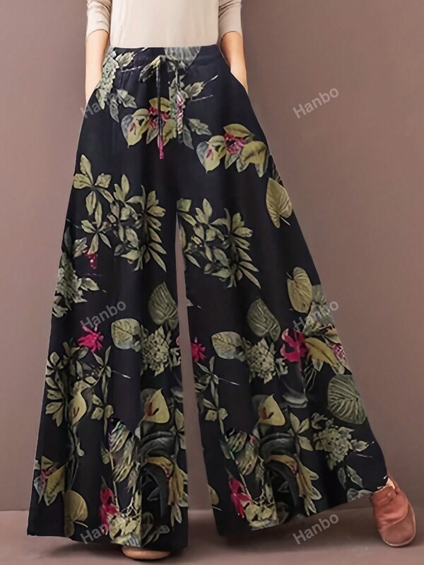 Pantalones de pierna ancha de talla grande con estampado de plantas
