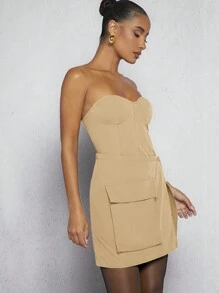 Hauture Bustier Flap Pocket Wrap Hem Dress