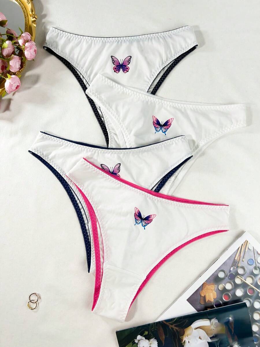 4 cái/bộ In hình bướm dành cho nữ cỡ lớn Phong cách đơn giản Quần lót, đồ lót hàng ngày - Nhiều màu - Xem 1