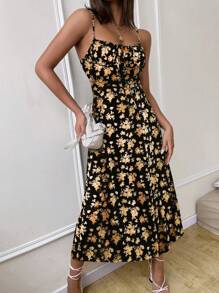 Pariaura 女士优雅前系带碎花连衣裙长款女装 - 黑色 - 查看 5