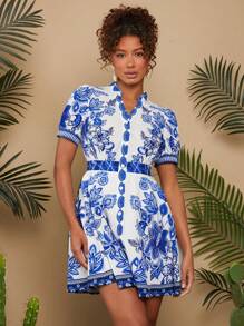 Travachic 度假編織印花V領短袖女士中長裙 - 藍白色 - 查看 6