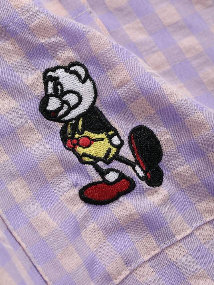 Plaid Cartoon Embroidery Pattern Sleepwear Set Pajama