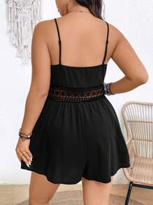 SHEIN Frenchy Plus Size Country,Vacation,Black ,Solid Color Lace Patchwork Sleeveless Romper, Summer - Black - View 5
