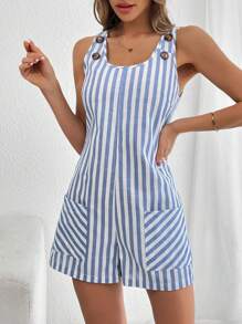 SHEIN Essnce Boho,Linen,Women's Striped & Printed Casual Jumpsuit For Summer