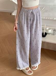 DAZY 格子熊印花休闲日常睡裤，适合秋季睡衣 - 灰色 - 查看 1