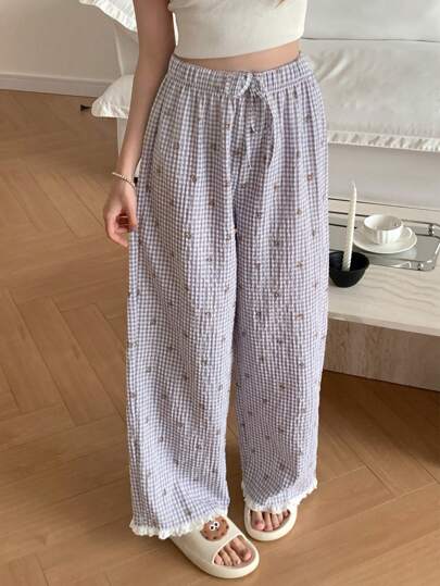 DAZY 格子熊印花休闲日常睡裤，适合秋季睡衣