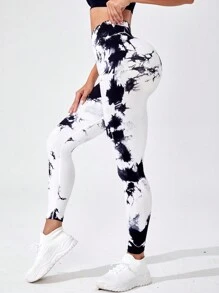 SHEIN Core Rhythm Leggings deportivos con control de abdomen y estampado tie-dye para mujer