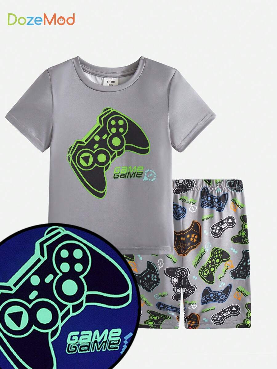 SHEIN 年輕男孩uv光敏感發光印花針織緊身家居服裝套裝 - 彩色 - 查看 1