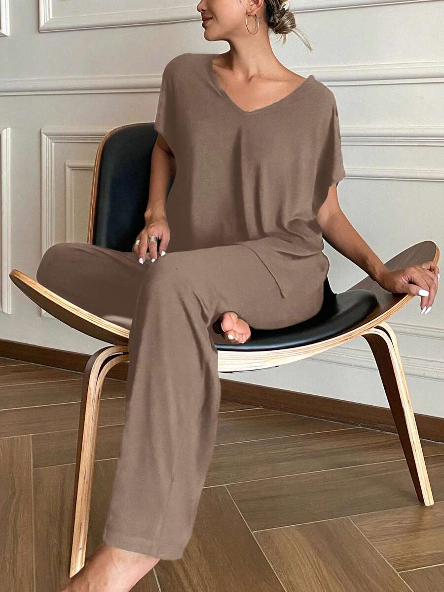 Livesso Bộ đồ ngủ đơn giản, rộng rãi, màu trơn, thường ngày - Màu Khaki - Xem 1