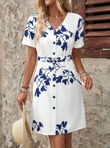 EMERY ROSE Printed Bust Tie Short Sleeve Dress - Multicolor - View 3