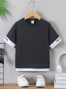 SHEIN Young Boy Casual Letter Print T-Shirt, Summer - Dark Grey - View 1