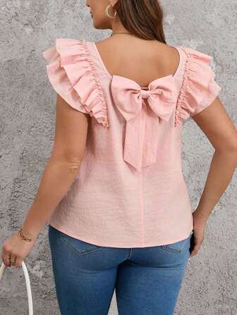 SHEIN Clasi Plus Size Square Neckline Double Layered Cap Sleeve Shirt With Back Bowknot Decor