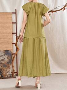 Mulvari Ensemble 2 pièces top et jupe d''été de couleur unie avec encolure en V, cordons de serrage et froncée pour femme