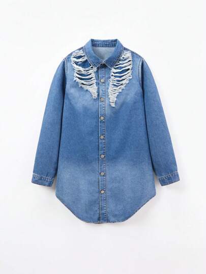 Vintage & Stylish Ripped College Style Loose Fit Denim Dress For Teen Girls