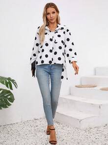 Women's Vacation Casual Polka Dot Printed High-Low Shirt - Black and White - View 4