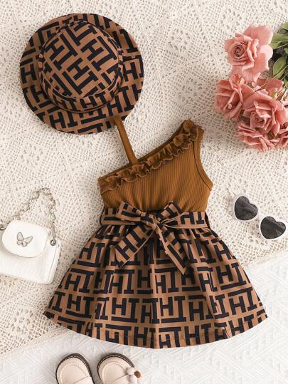 SHEIN Elegant Baby Girl Houndstooth Plaid Embroidered Dress With Hat, Spring/Summer