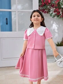 SHEIN Girls' Summer New Simple Fashion Color Block Collar And Cuff Waist Lace Design Soft And Comfortable Short Sleeve Dress - Pink - View 4