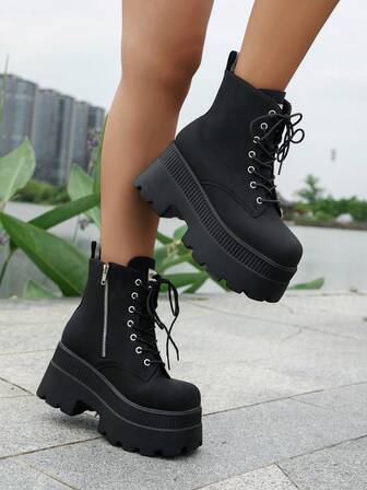 Höst/vinter Plus-Size Stövlar Med Snörning, Tjock Fyrkantig Tå Damklack Med Kilklack Och Platå Moderiktiga Stövlar, Matcha Med Korsett, Perfekt Med Shorts, Matchande Leggings, Stövlar För Dam