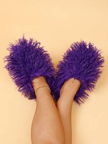 Plus Size Fluffy Slippers For Women, Spring Faux Fur Lined Indoor Home Quiet Warm Slippers, Fashion Slip-On Outdoor Wear - Purple - View 4