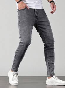 Manfinity Homme 男士纯色洗水牛仔裤，纯色修身深色牛仔裤，长款深灰色洗水工装牛仔裤，适合送给老公、男朋友的礼物