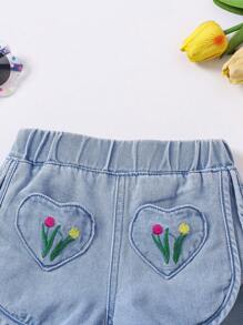 SHEIN Baby Girl Cute Embroidered Heart Elastic Waist Denim Shorts, Blue