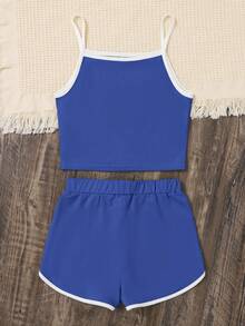 SHEIN 青少女編織色塊字母印花休閒運動背心褲套裝 - 寶藍色 - 查看 2