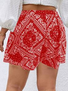 Breezaya Quần short đi nghỉ rộng in hình lông công cỡ lớn - Đỏ - Xem 2