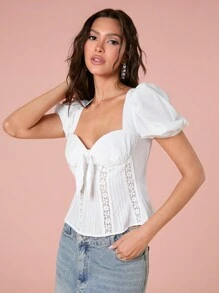 Enchnt 女士夏季休闲纯色甜心领泡泡袖撞色蕾丝衬衫 - 白色 - 查看 7