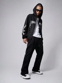 Manfinity Roughcore Áo nỉ trùm đầu có dây rút họa tiết chữ cái cho nam, áo hoodie có dây kéo thời trang dạo phố màu đen, áo hoodie dài tay màu đen, quà tặng cho bạn bè, chồng, bạn trai, cho mùa thu - màu đen - Xem 5