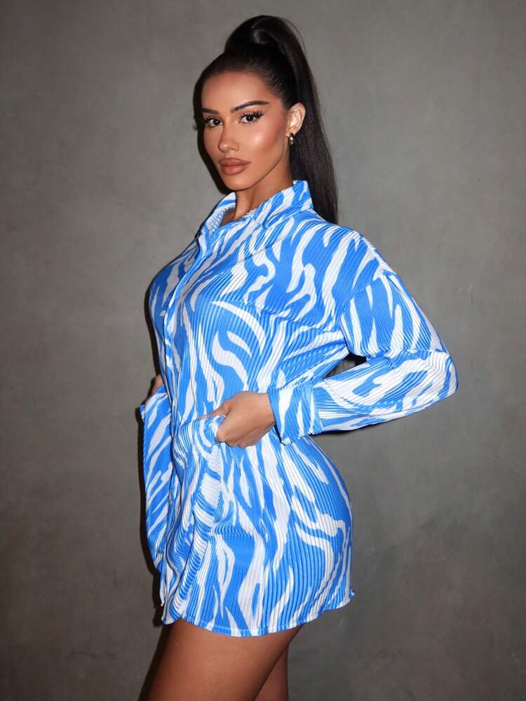 Women's Vacation Style Wide Pleated Abstract Floral Print Long Sleeve Shirt And Shorts Set