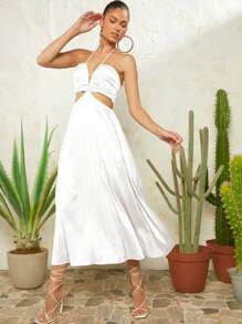 L'Amorae Cut Out Waist Pleated Tie Satin Dress